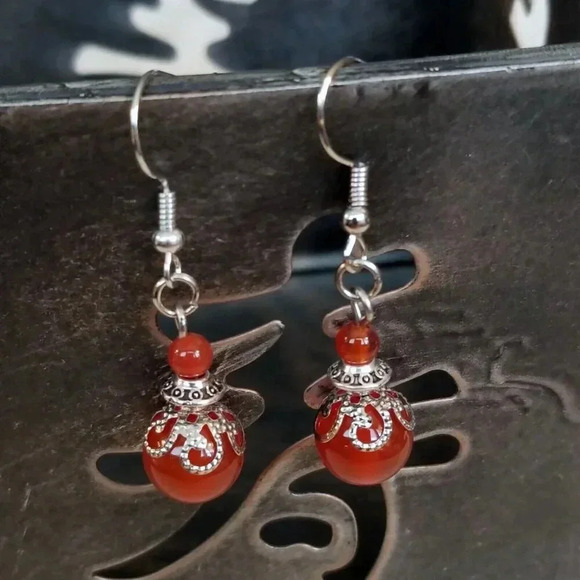 PinkDiva Jewelry - Handmade Carnelian Victorian Lace Art Nouveau Gemstone Bead Drop Earrings